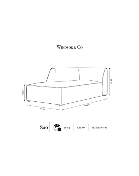 Loungestoel Sao Velvet grijs links - 181x93x69 cm