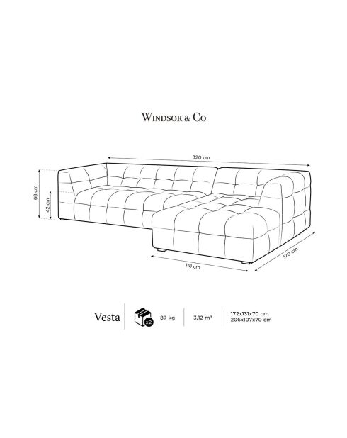 Canapé D'Angle Droit Velours Vesta 5 Places jaune - 320x170x68 cm