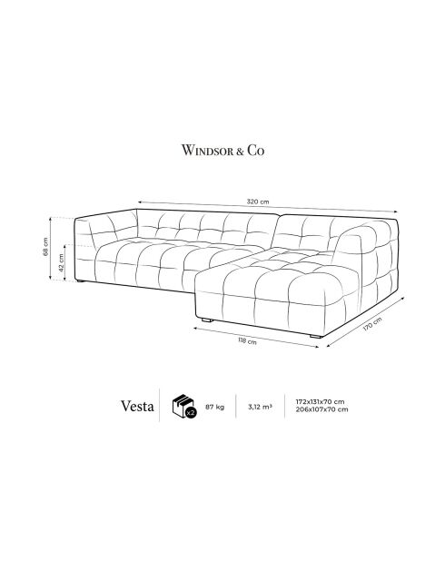 Canapé D'Angle Droit Velours Vesta 5 Places grise - 320x170x68 cm