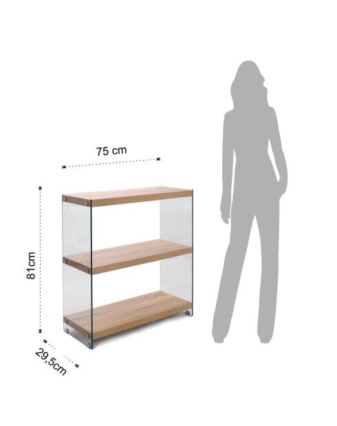 Bibliothèque à trois étagères Nancy 75 bois/transparent - 81x75x29.5 cm