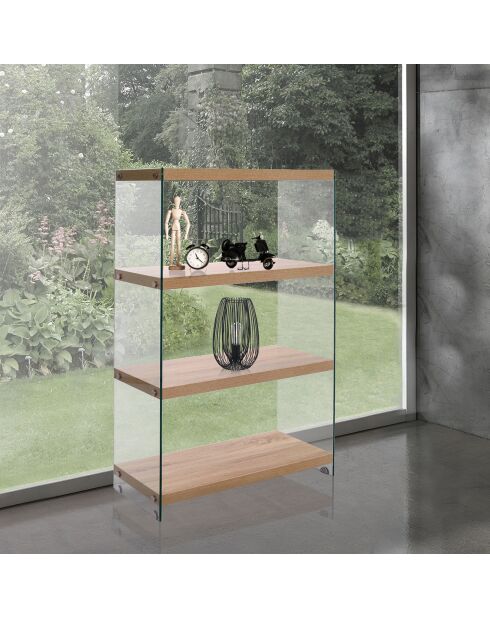 Bibliothèque à 4 étagères Nancy 75 transparent/chêne - 120x75x29.5 cm