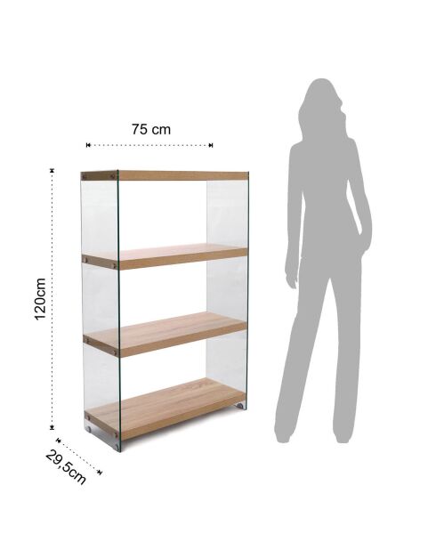 Bibliothèque à 4 étagères Nancy 75 transparent/chêne - 120x75x29.5 cm