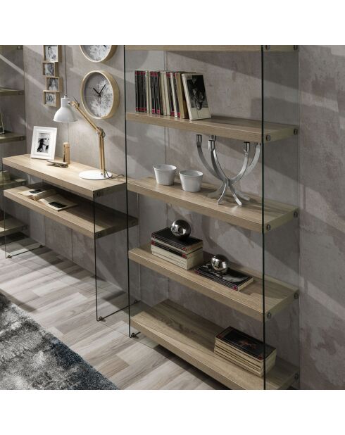 Bibliothèque à 5 étagères Nancy 75 transparent/chêne - 159x75x29.5 cm