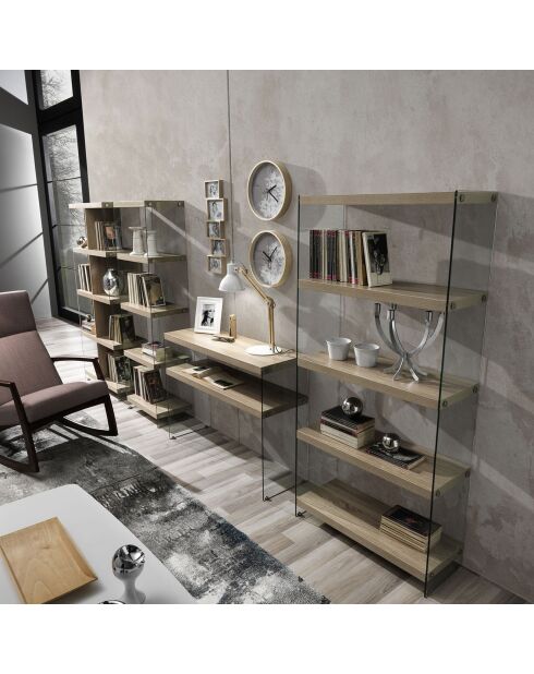 Bibliothèque à 5 étagères Nancy 75 transparent/chêne - 159x75x29.5 cm