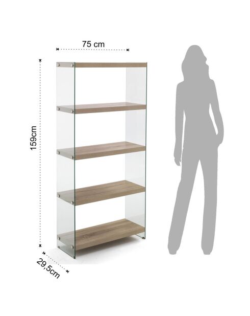 Bibliothèque à 5 étagères Nancy 75 transparent/chêne - 159x75x29.5 cm