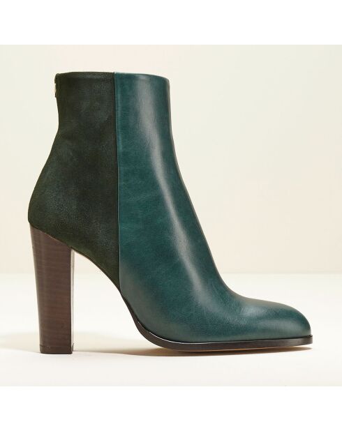 Bottines en Cuir et Velours de Cuir Cecillia forêt - Talon 11 cm