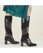 Bottes en Cuir et Velours de Cuir Cleha noires - Talon 7 cm