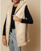 Gilet long à capuche en Fausse Fourrure réversible beige