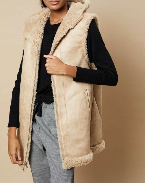 Gilet long à capuche en Fausse Fourrure réversible beige