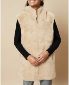 Gilet long à capuche en Fausse Fourrure réversible beige