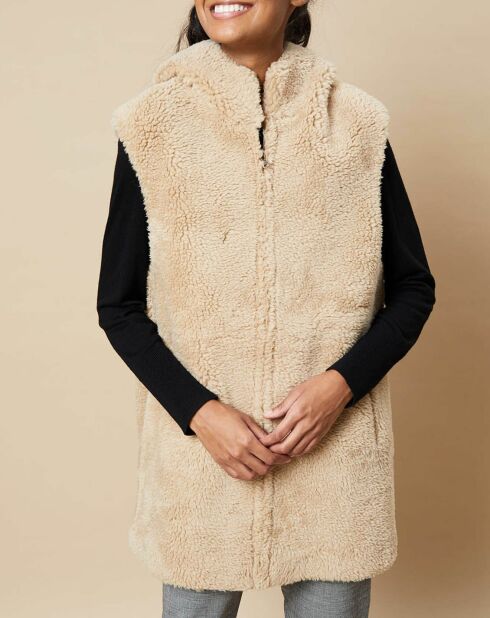 Gilet long à capuche en Fausse Fourrure réversible beige