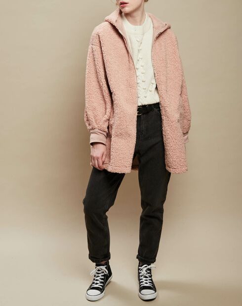 Manteau oversize zippé à capuche en Fausse Fourrure rose