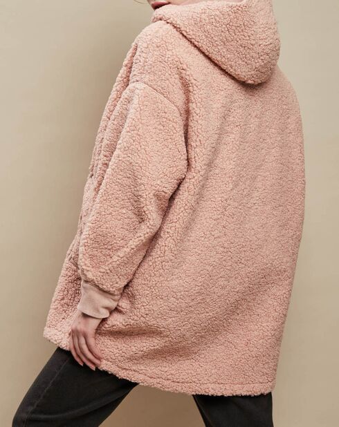 Manteau oversize zippé à capuche en Fausse Fourrure rose