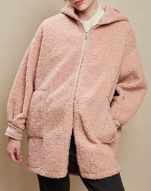 Manteau oversize zippé à capuche en Fausse Fourrure rose