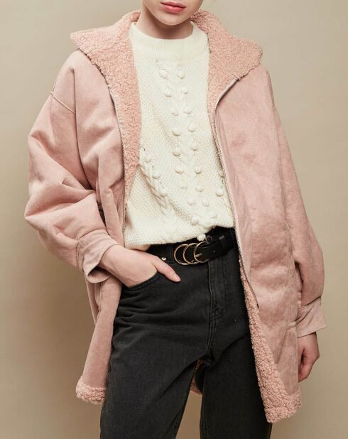 Manteau oversize zippé à capuche en Fausse Fourrure rose