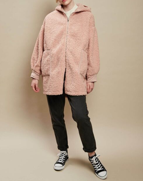 Manteau oversize zippé à capuche en Fausse Fourrure rose