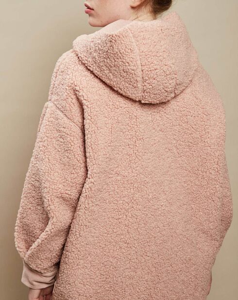 Manteau oversize zippé à capuche en Fausse Fourrure rose