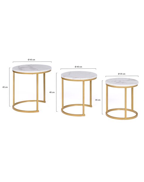 3 Tables basses rondes gigognes Glam marbre blanc/doré