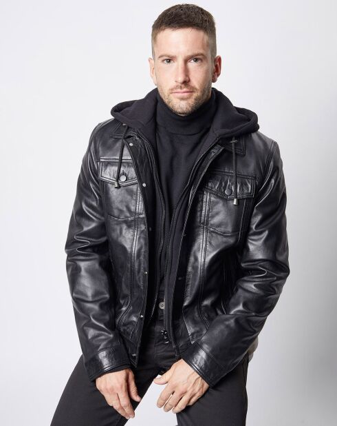 Blouson à capuche en Cuir d'Agneau David noir