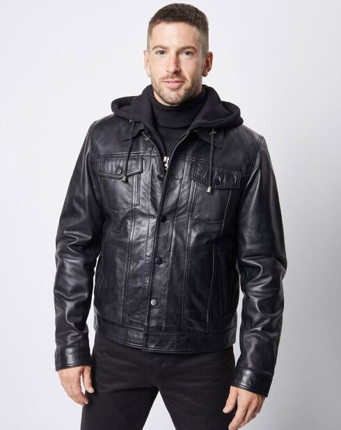 Blouson à capuche en Cuir d'Agneau David noir