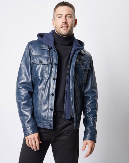 Blouson à capuche en Cuir d'Agneau David bleu