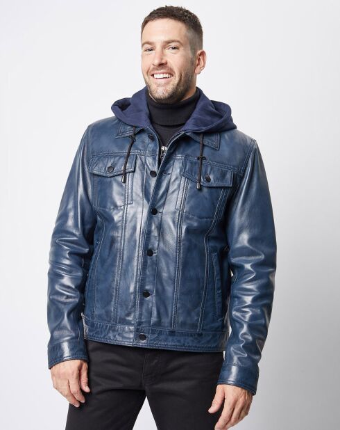 Blouson à capuche en Cuir d'Agneau David bleu