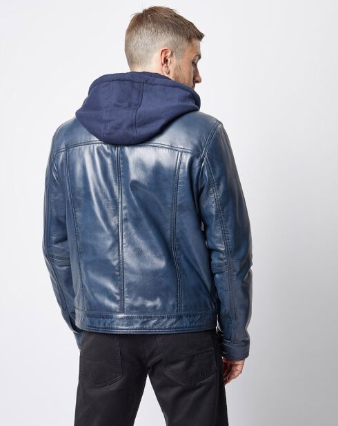 Blouson à capuche en Cuir d'Agneau David bleu