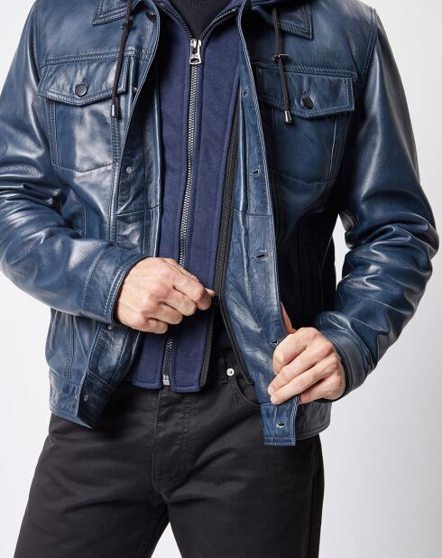 Blouson à capuche en Cuir d'Agneau David bleu