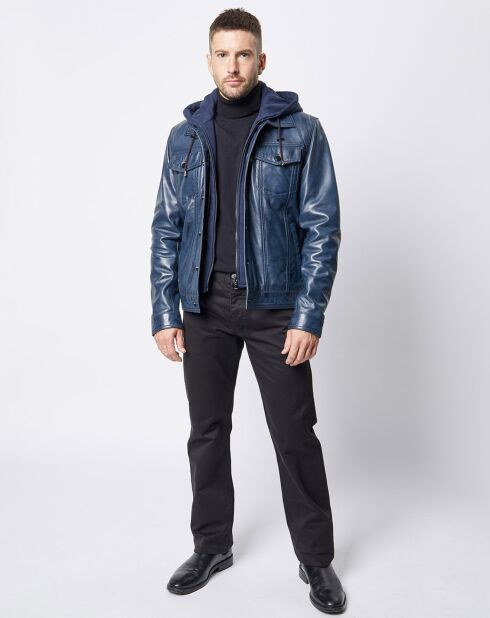 Blouson à capuche en Cuir d'Agneau David bleu