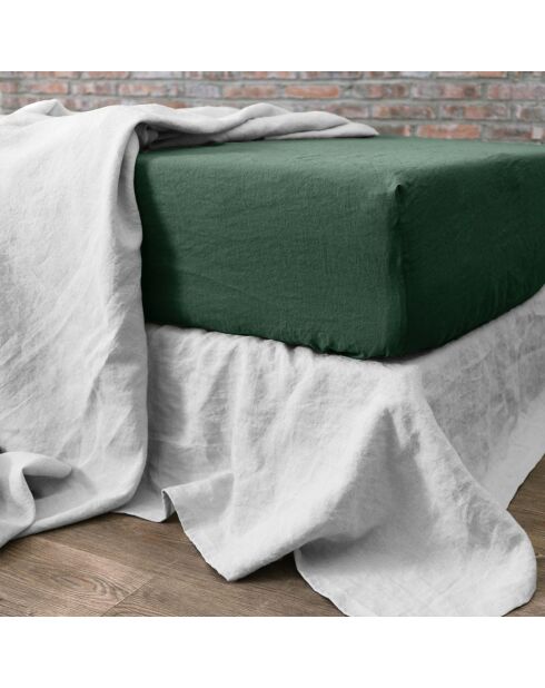Drap housse 100% lin lavé bonnet 30 cm vert foncé