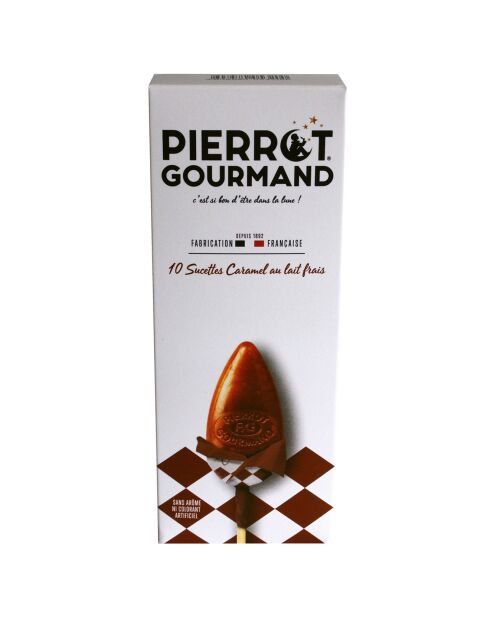 Estuche de 10 piruletas Pierrot Gourmand con leche fresca y caramelo 160 gr