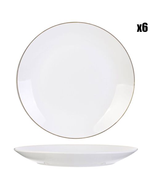 6 Assiettes en Porcelaine Liseré doré blanc/doré - D.27 cm