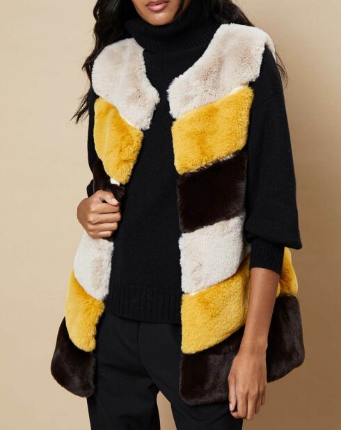 Gilet en Fausse Fourrure Laura tricolore beige/moutarde/marron