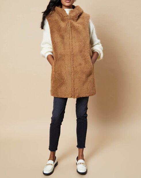 Gilet long à capuche en Fausse Fourrure réversible camel