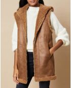 Gilet long à capuche en Fausse Fourrure réversible camel
