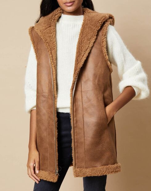 Gilet long à capuche en Fausse Fourrure réversible camel