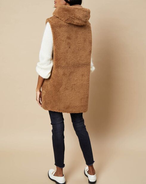 Gilet long à capuche en Fausse Fourrure réversible camel