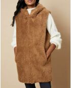 Gilet long à capuche en Fausse Fourrure réversible camel