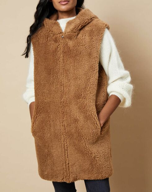 Gilet long à capuche en Fausse Fourrure réversible camel