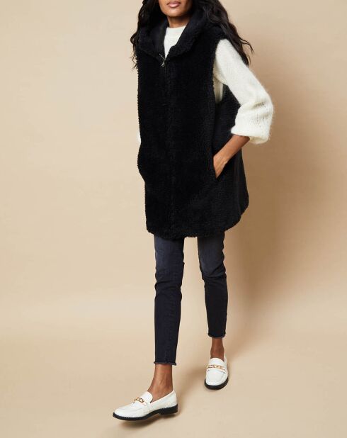 Gilet long à capuche en Fausse Fourrure réversible  noir