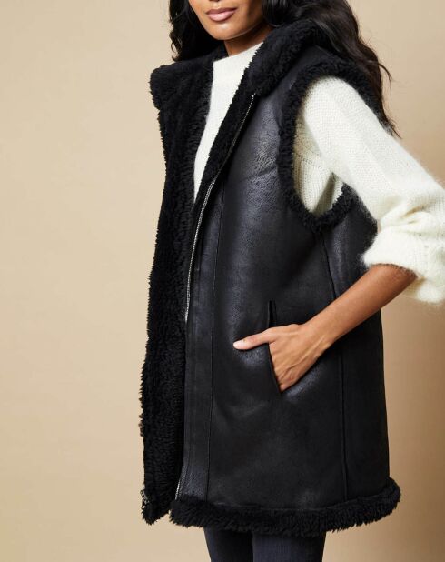 Gilet long à capuche en Fausse Fourrure réversible  noir