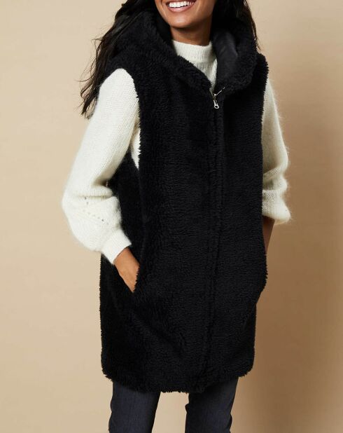 Gilet long à capuche en Fausse Fourrure réversible  noir