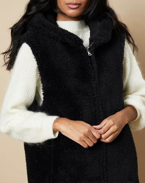 Gilet long à capuche en Fausse Fourrure réversible  noir