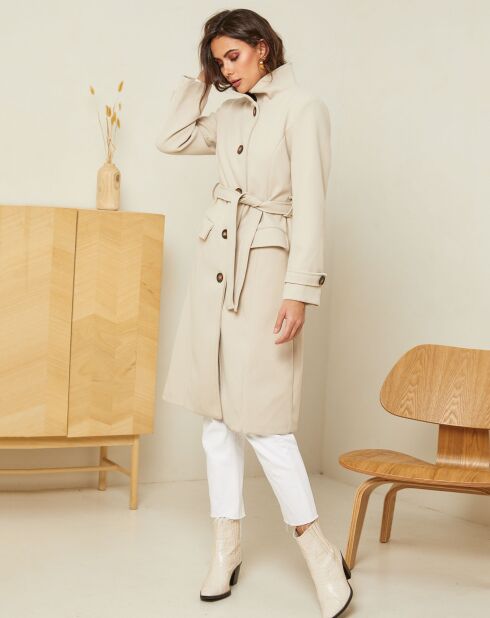 Manteau long Théa à ceinture beige