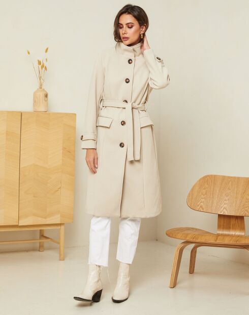 Manteau long Théa à ceinture beige