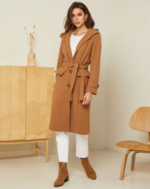 Manteau long Théa à ceinture camel