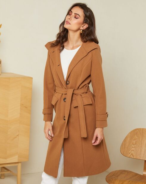 Manteau long Théa à ceinture camel
