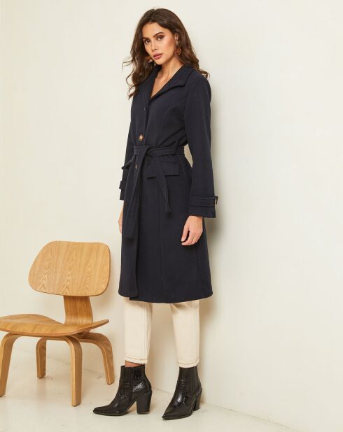 Manteau long Théa à ceinture marine