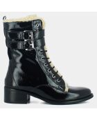 Boots fourrées en Cuir verni Panama noires - Talon 5 cm