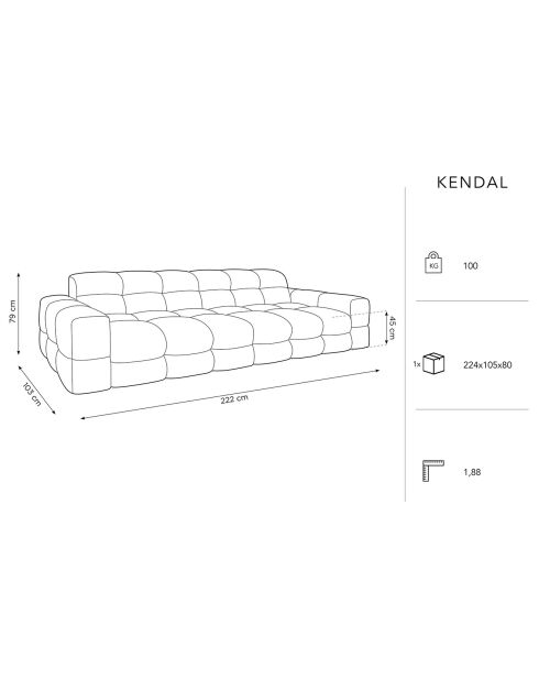 Canapé Velours 3 Places Kendal gris foncé - 222x103x79 cm